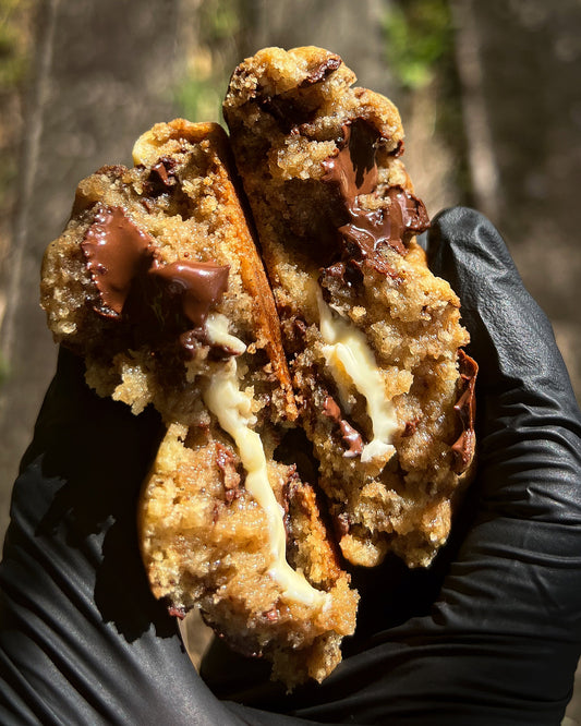 Tontie's Cookie Double Trouble featuring rich dark chocolate base with chunks of white and dark chocolate.